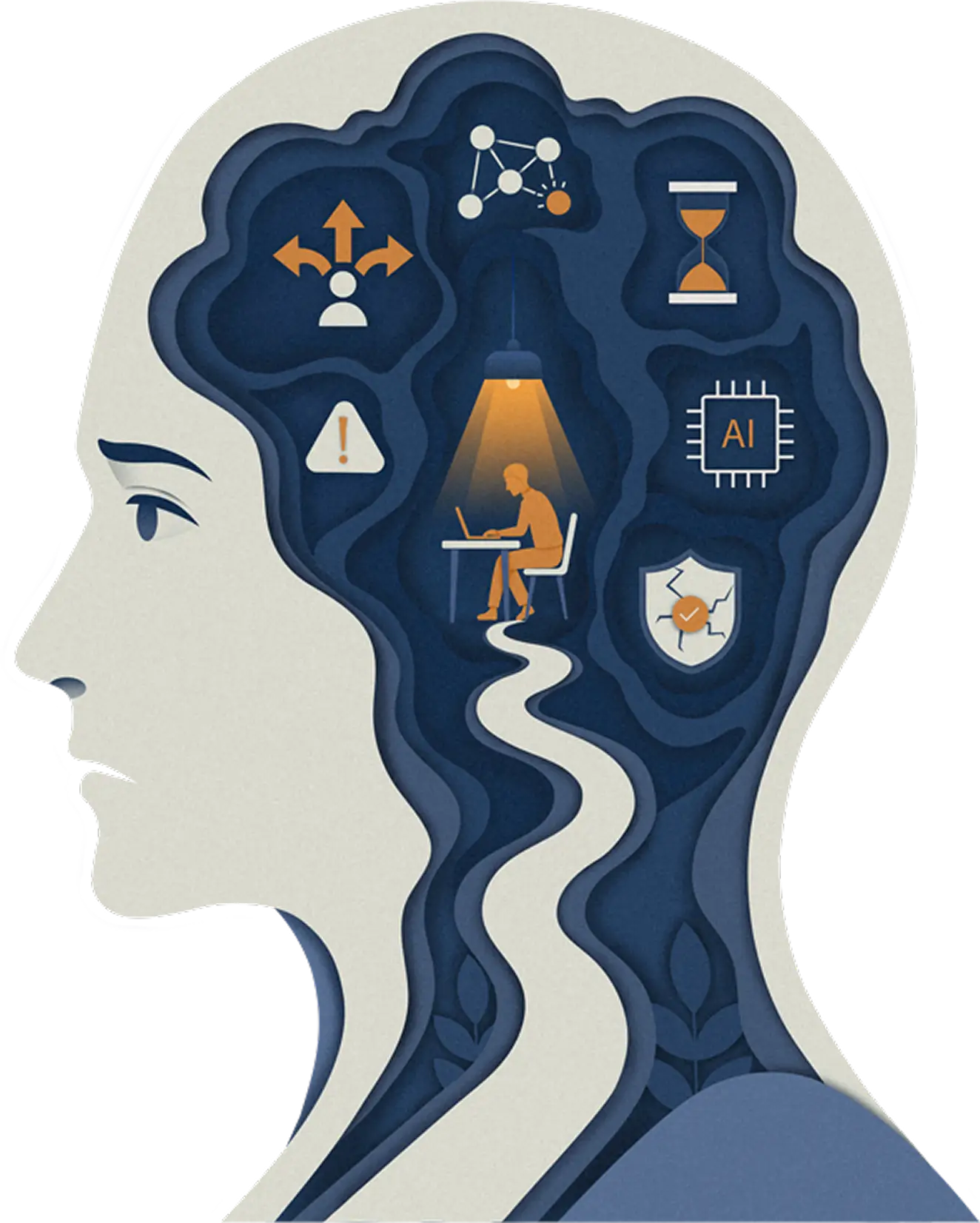 Illustration of a head with cybersecurity decision paths inside